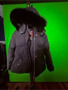Moose Knuckles Men's Black Hooded Fur-Trim Puffer Coat